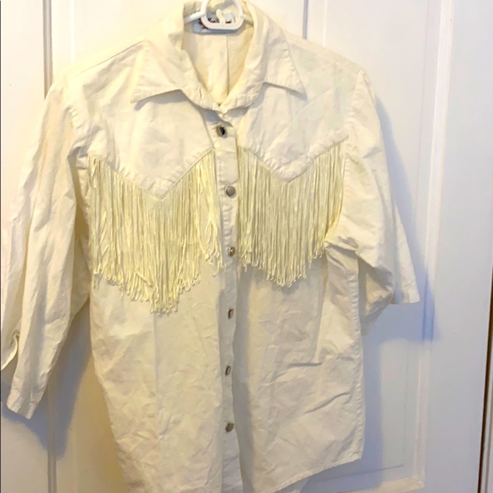 Hello Cowgirls WHITE BUTTON UP WITH FRINGE